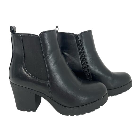 Moda Chics Black Booties Size 8 Chunky Heel Lug Sole Biker Fleece Lined - Picture 1 of 13